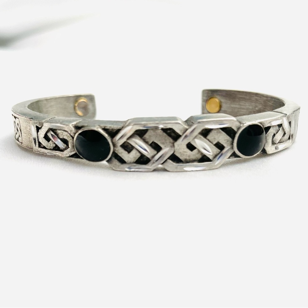 Vintage Sisk Pewter Cuff Bracelet/Black Enamel/Marked CB 15